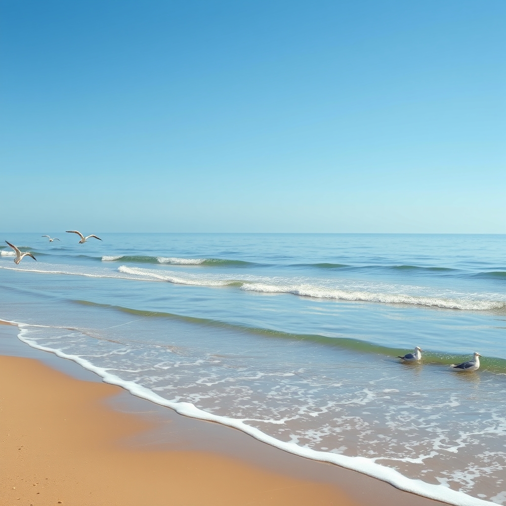 دریای آبی آرام با کمی موج بر ساحل شنی و مرغان دریایی و ..... سبک ونکوگ 3