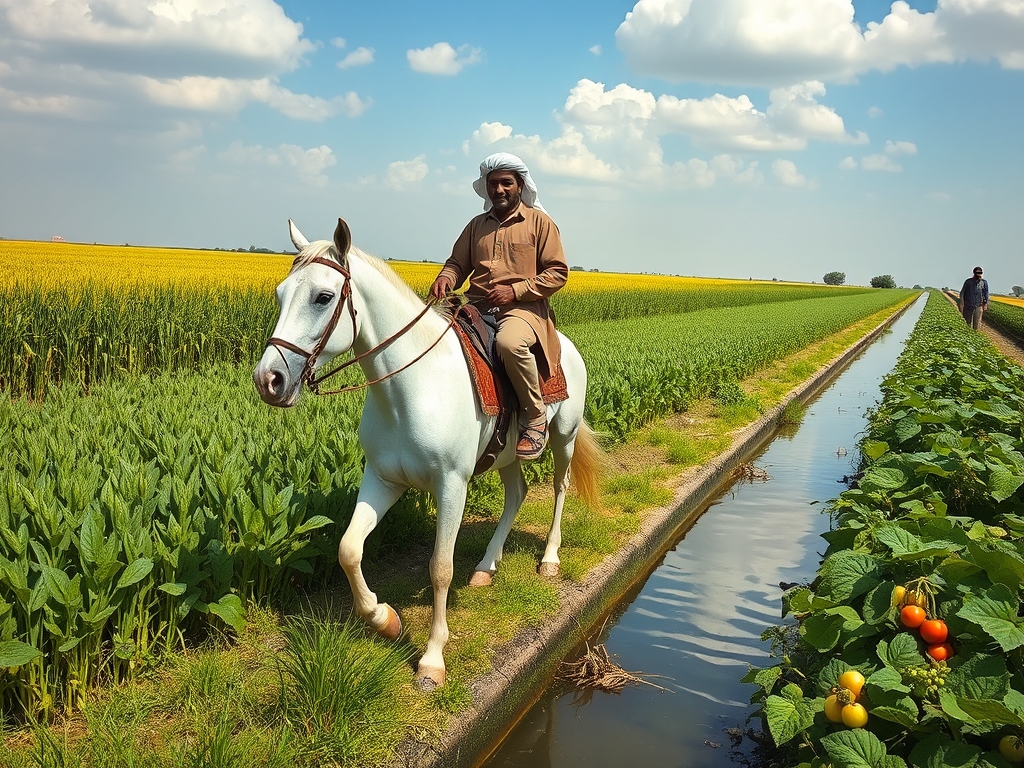 یک اسب سفید اصیل عربی که یک مرد عربی اهوازی سوارش شده مزرعه گندم سرسبز و باغ خیار و گوجه و یک کانال اب جلوشون هست و اسمون ابی و ابرهای سفید 5