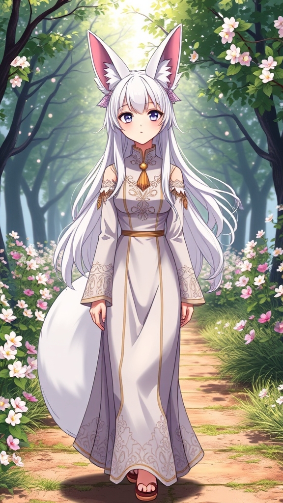 دختر روباهی با دوتا گوش روی سرش و موهای سفید و بلند تا زیر کمر پوست سفید چشمایه بنفش لبای قرمز و گوشتی که به صورتش خیلی میاد و یه لباسه سفید و طلایی و پوشیده هم تنش باشه و در یک جاده ی پر از گل و درخت دارد رد میشود 15