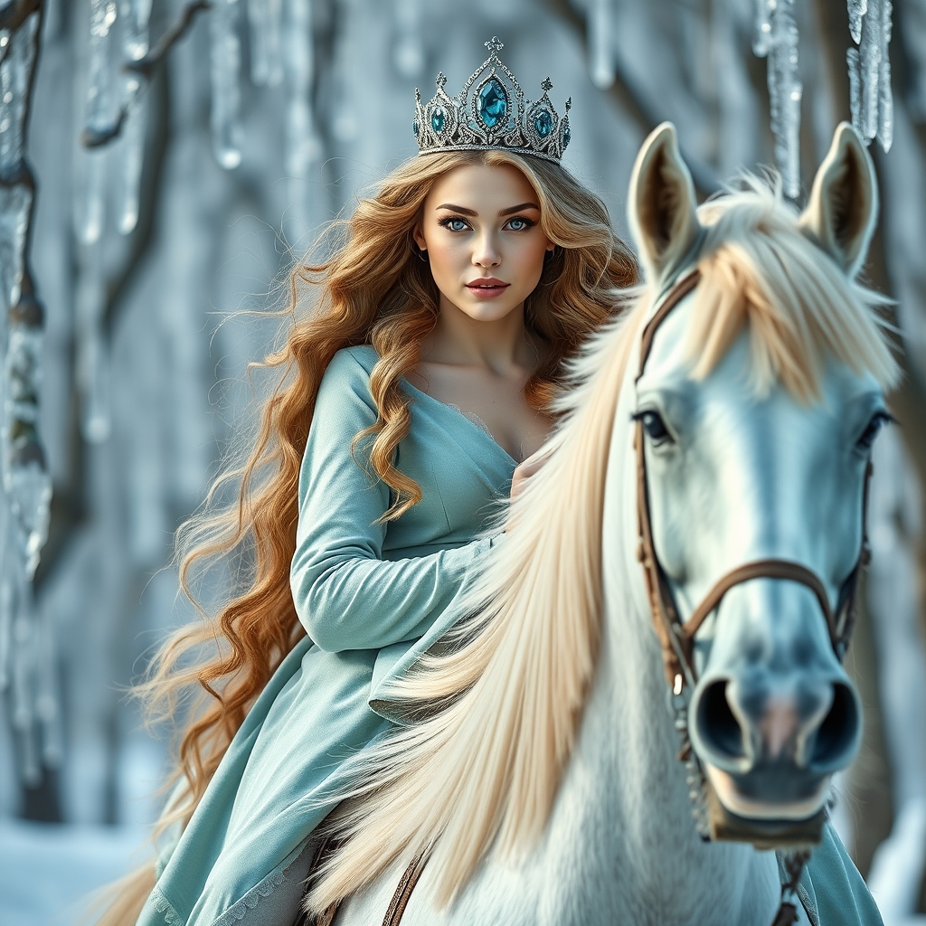 دختری زیبا و قهرمان که سوار بر اسبی سلطنتی به رنگ سفید و با یال طلایی شده است و آن دختر قهرمان چشمانی سبز کم رنگ مايل به آبی و موهای قهوه ای خیلی خیلی خیلی کم رنگ ، جوری که حتی به سفیدی بزنه و موهای اون موج دار باشه و اون کفش های بلورین داسته باشه و تاج زیبا با نگین های درخشان و براق به رنگ آبی و او در جنگلی سحر آمیز و یخی که درختان آن جنگل ازشان کریستال آویزان است و لباس آن دختر قهرمان سبز خیلی کم رنگ مایل به آبی است و جنس آن لباس تقریباً مخمل است و آن لباس تقریباً مجلسی است
6