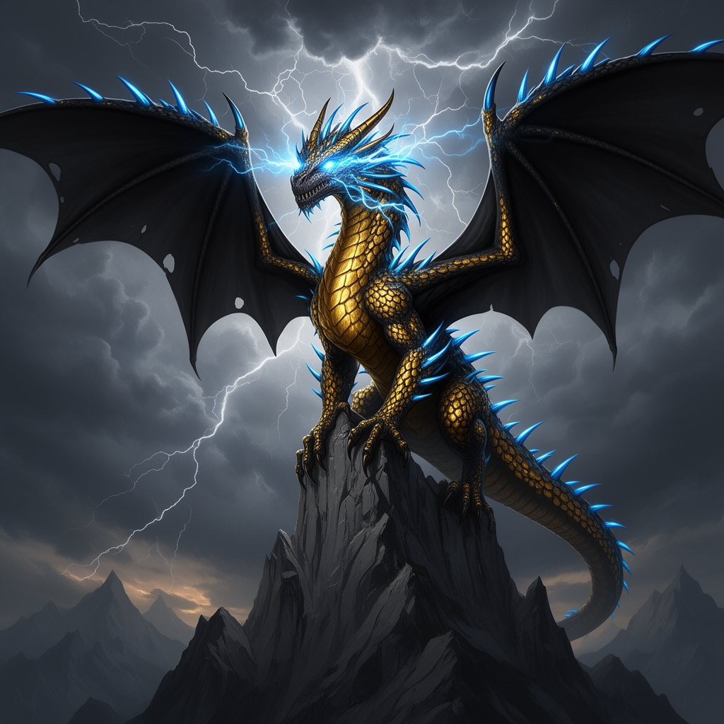 اژدهای سیاه با رده های طلایی بر بدن،و
چشمانی برقی،خارهایی آبی رنگ بر روی
بدن که روی نوک کوهی در حال برق زدن به
آسمان است.5