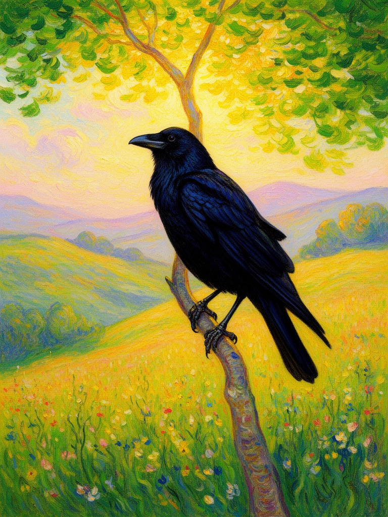 یک کلاغ  زیبا و با کاملا مشکی که  در طبیعت زیبا بر شاخه ای نشته اس به سبک پست امپرسیونیسم 4