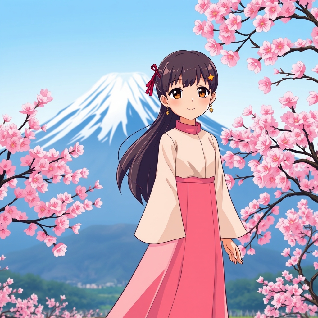 دختری در کنار کوه فوجی
10