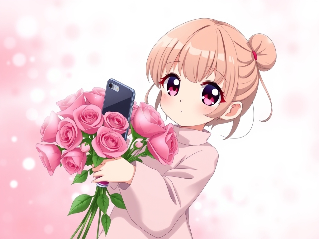 یه دختر گوگولی که یه دسته گل رز دستشه و با گوشی داره از خودش عکس میگیره و دوروبرش تم صورتی و سفید و یاسی است 14