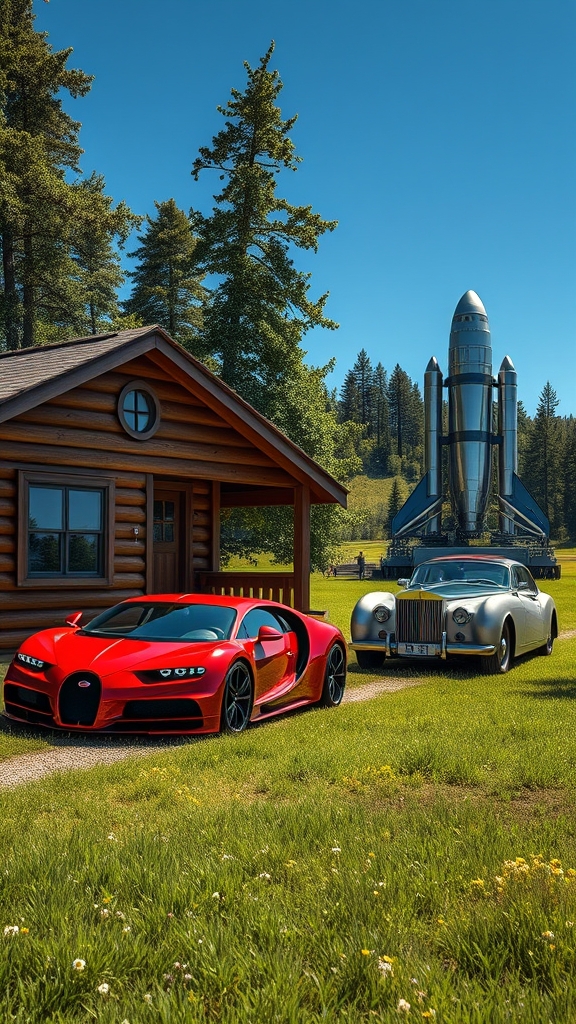 کلبه وکنارش بوگاتی وکنار بوگاتی باکلاس تر ودرکنارشو یک موتور فضایی ۲۳قدم دور 1