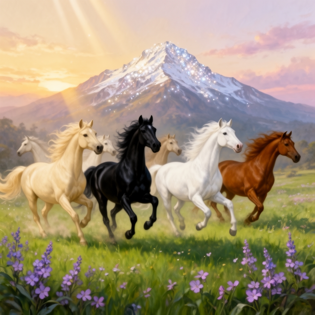 اسب هایی زیبا و به رنگ های کرمی و سیاه و سفید و قهوه ایی  و..  که در دشتی سرسبز با گل هایی به رنگ بنفش و از دور کوهی زیبا که کمی برف بر روی قله ی ان نشسته است  که زیبایی منظره را دو چندان میکند
پست آمپرسیوم  1