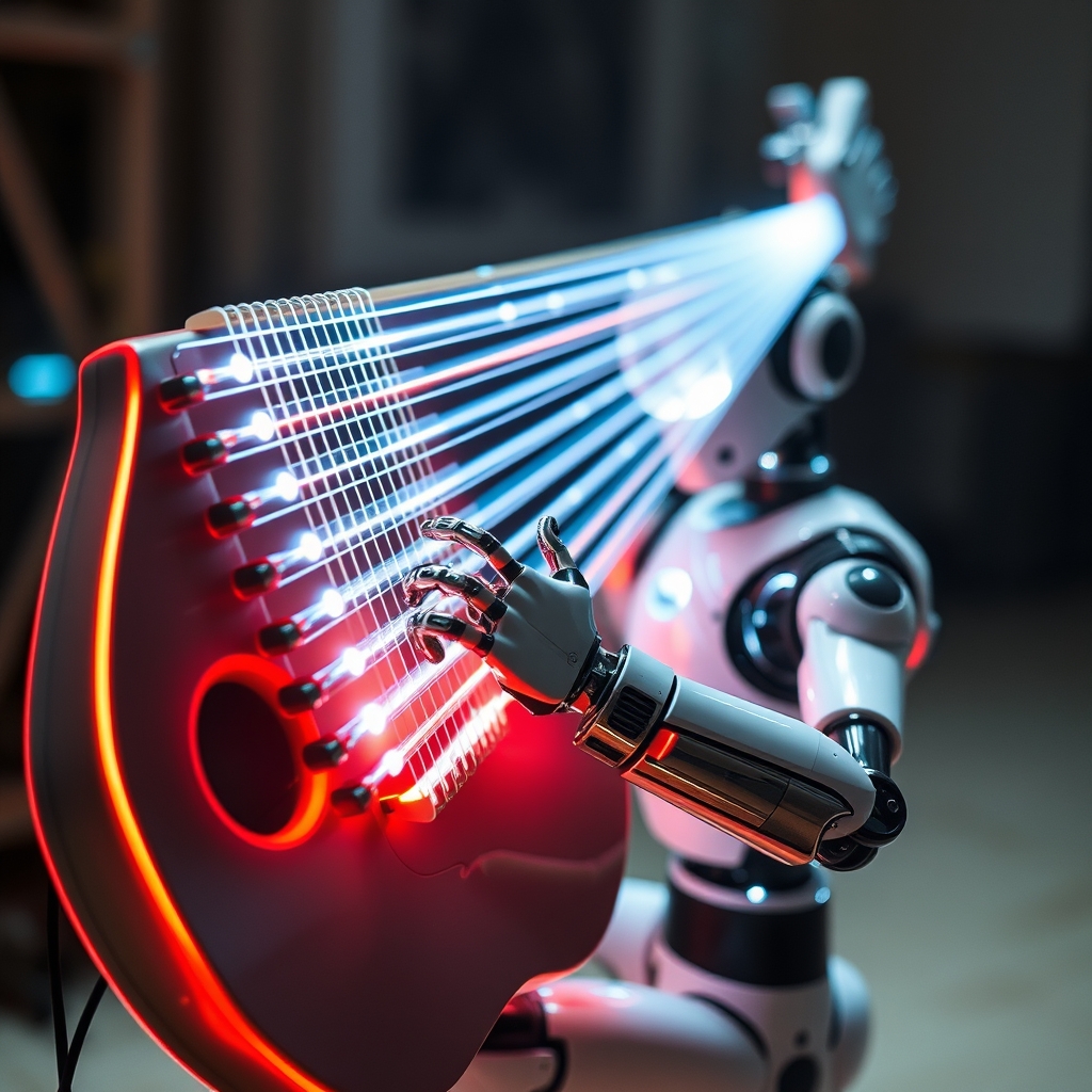 یک ساز موسیقی آیندهنگر با رشتههای هولوگرافیک درخشان، در حال نواختن توسط یک ربات.2