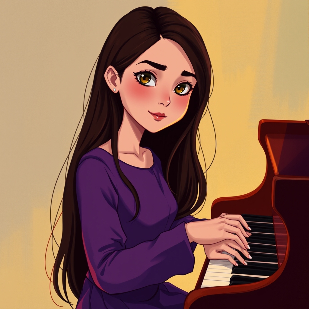یه دختر با موهای بلند قهوه ای سوخته و چشم های قهوه ای سوخته یک لباس بنفش تنش هست و داره پیانو می زنه11