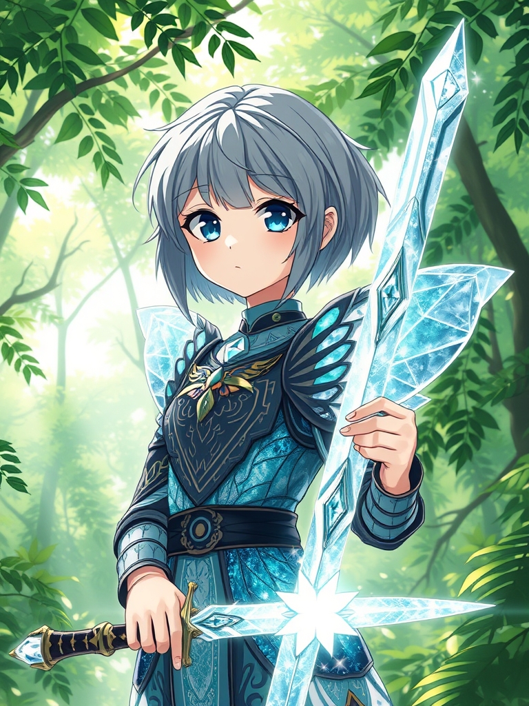 دختری از جنس الماس با موهای مصری کوتاه طوسی وچشم های مشکی در ان چشم ها ماه است با لباس جنگی که پروانه ای است وگردن بند الفا ای هم در گردن داردو در جنگل سر سبز و شمشیر ساده ای از جنس الماس 4