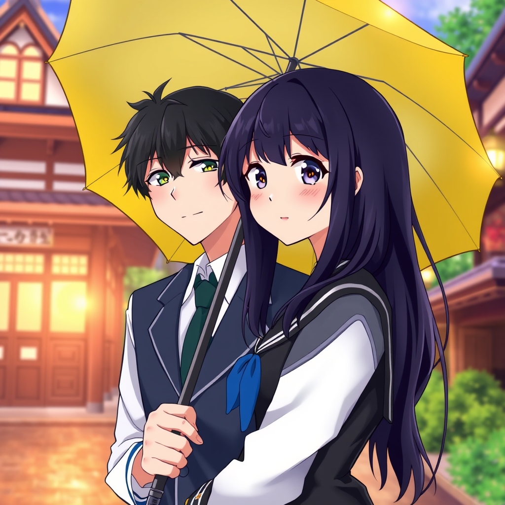 یه زن زیبا مو سیاه با لباس های مدرسه با چتر زرد که روی سر یه مرد زیبا با لباس های مدرسه گرفته 5