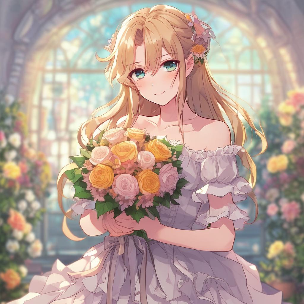 دختر با مو های طلایی و لباس چین چینی و یه دسته گل دستش باشه
7