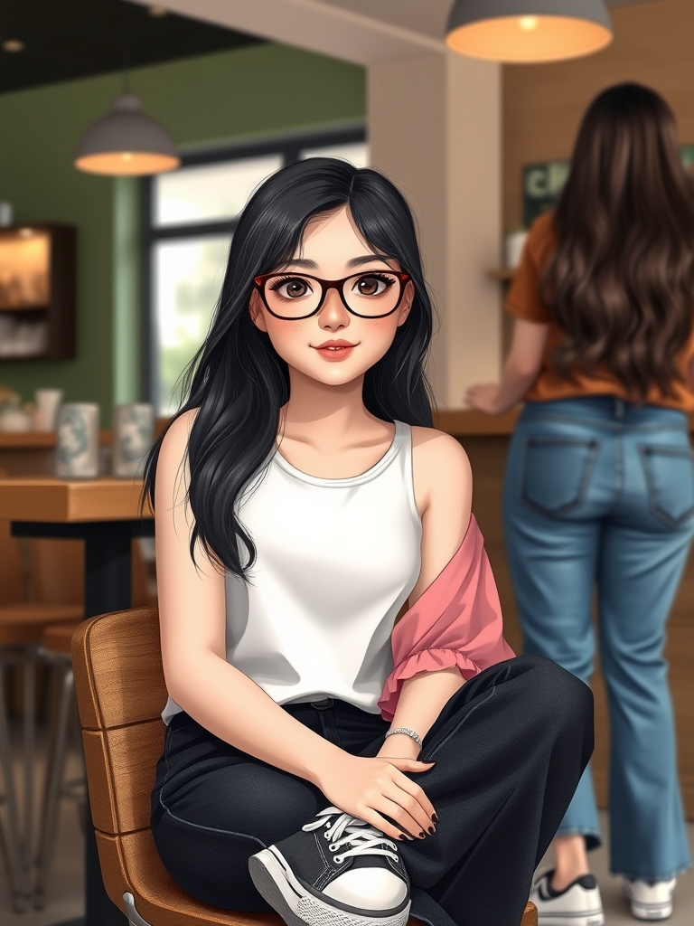 تصویر یک دختر ۱۶ ساله ی بسیار زیبا و دلربا با پوستی سفید گونهای صورتی چشمان زیبای مشکی با مژه های بلند مشکی و لبهای گوشتی صورتی با موهای مشکی لخت تا شانه و عینکی با فریم قهوهای بر چشم زده و یک تاپ سفید و شومیز صورتی و یک شلوار جین بگ به رنگ مشکی پوشیده است با کفش اسپرت در یک کافه کنار یک دوستش که دختر است با شلوار جین بگ آبی و شومیز قهوهای پیش پیشخوان ایستاده است 10