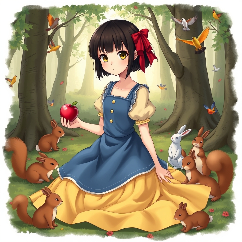دختری بیست ساله وبالغ موهاش قارچی چتری مشکی چشماش قهوهای رو موهاش پاپیون قرمز یه لباس آبی پرنسسی کوتاه با دامن بلند چین دار زرد تو جنگل نشسته دورش سنجاب و خرگوش و پرنده هست دست دختر هم یه سیب قرمز باشه 17