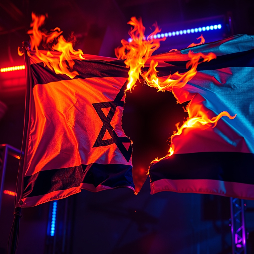 پرچم پاره اسرائیل در حالی که ستاره داوود از وسط پاره شده در میان اتش زیاد
9