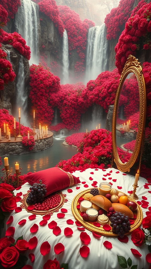 باغ بزرگ و افسانه ای پر گل سرخ
آبشارها از میان صخره های بلند کوهستانی پوشیده از گل سرخ به داخل برکه می ریزند
گوشه کنار هزاران شمع روشن ست
یک تشک گرم و نرم سفید با کوسن های قرمز پر شده با گلبرگ های سرخ دیده می شود
و سینی گرد و طلایی پر نان کره خامه عسل میوه و شیر و شیر برنج خوشه انگور سرخ سیاه زرد
نزدیک تشک یک آینه تمام قد بلند از طلا ایستاده4