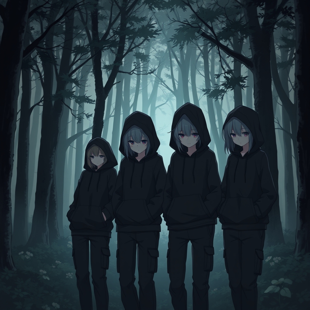 4 دختر در یک جنگل زیبا که همه جا تاریک است و این دختر ها همشون لباس هودی مشکی و شلوار کارگو مشکی پوشیدن و کلاه لباس هودیشون رو روی سرشون گذاشتن که چشم هاشون رو پوشونده و همشون در کنار هم هستن و سرشون رو انداختن پایین و دور هستند19