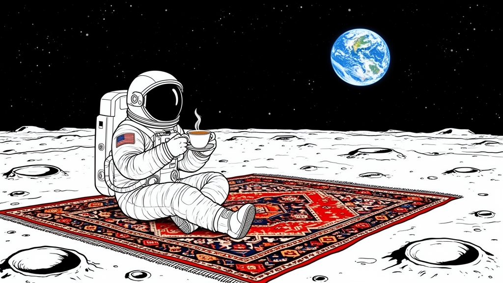 فضانوردی که روی قالیچه ایرانی وسط سطح کره ماه نشسته و چای می‌نوشد، کره زمین در پس‌زمینه دیده می‌شود، ترکیب طنز و سورئال.1