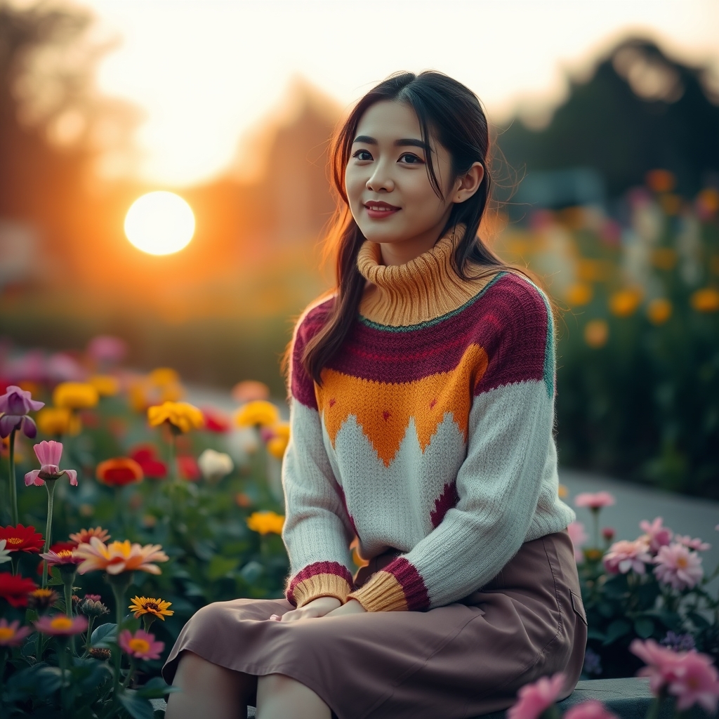 یک دختر بزرگ و جذاب با لباسی رنگین کمانی کوتاه و شلوارک مشکی و چشمانی ارغوانی نشسته روی گل 2