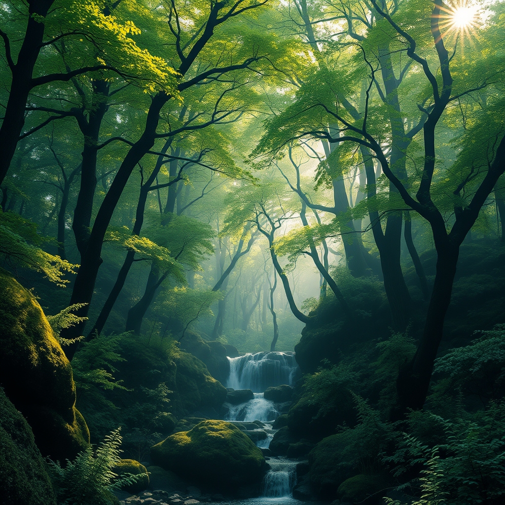 یک جنگل اسرار آمیز با درختان سبز و پر شکوفه و آبشار
6