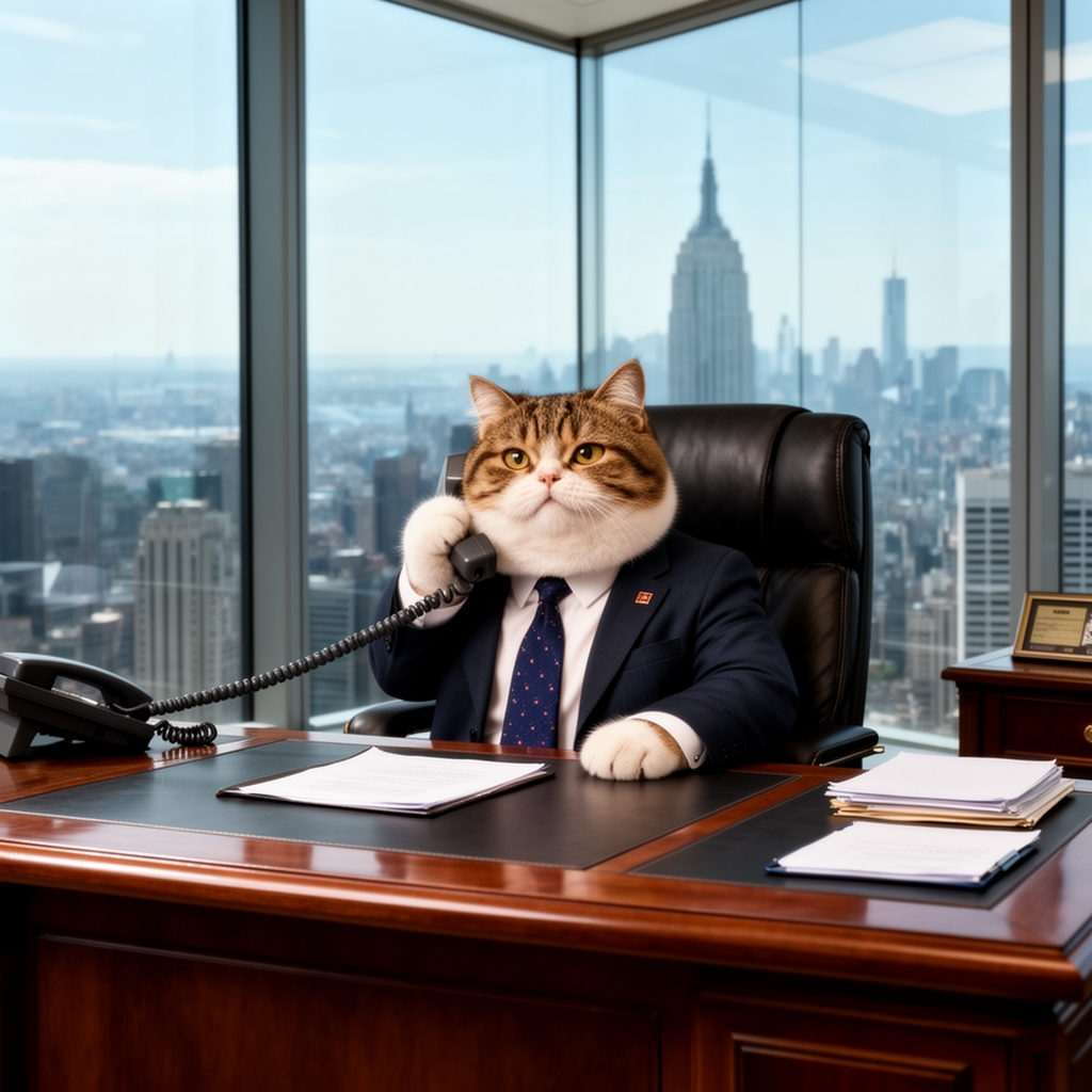 A cute fat cat in a formal suit and tie sitting behind a CEO desk talking on the phone, glass office in a skyscraper.
5