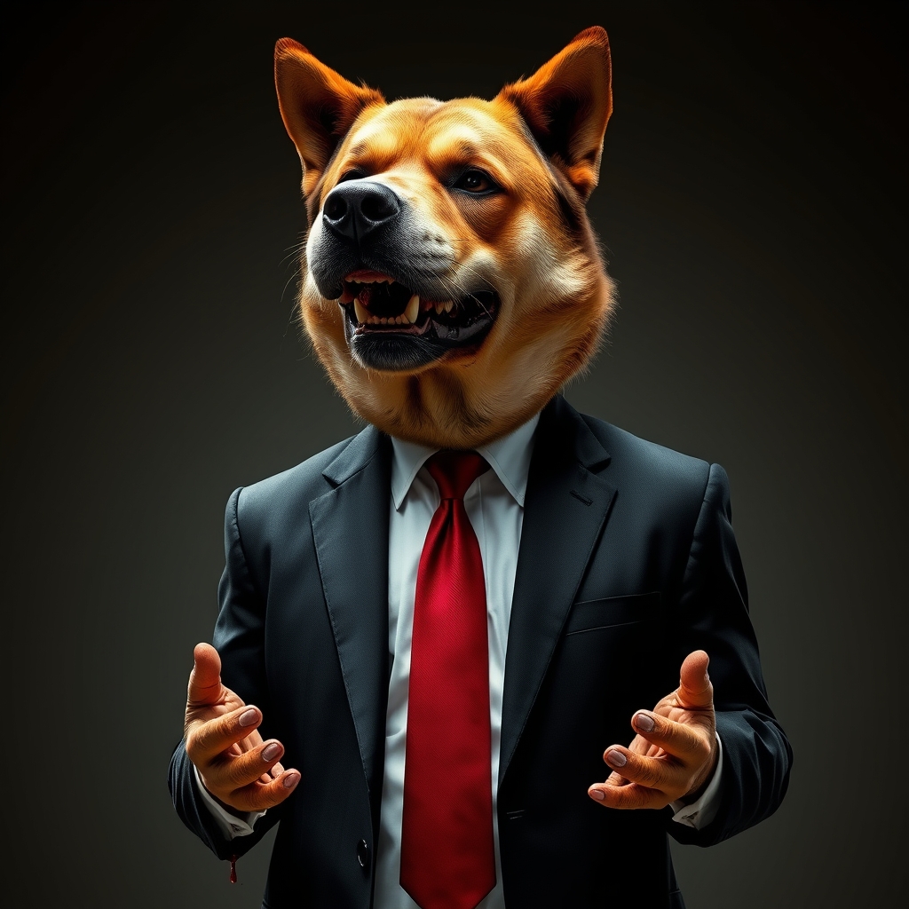 انسانی که همه جای بدنش انسان است بجز کله‌اش! تقریبا چاق است، کت و شلوار مشکی پوشیده و کراوات قرمز با لباس سفید دارد و روی کله‌اش، چهره‌ی سگ درنده است و از دستانش خون می‌چکد.6