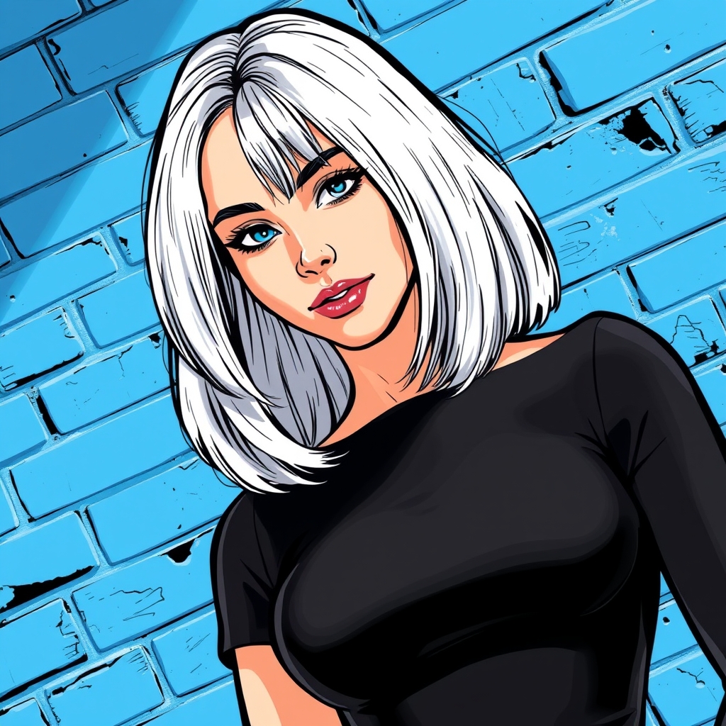 The image shows a person with shoulder-length hair, whit texture surface, wearing a black top, standing in front of a blue wall.20