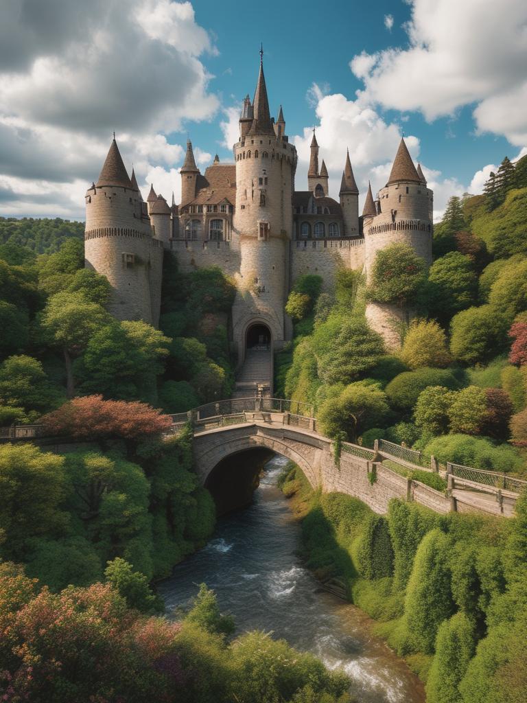 قلعه‌ای باابهت بر روی تپه با مناره‌های بلند، پل متحرک و باغ‌های سرسبز.18