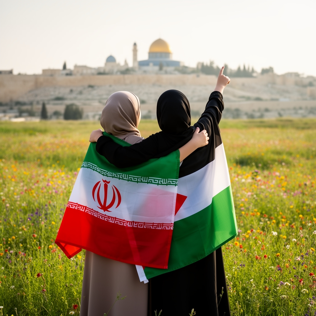 عکسی از دو دختر با حجاب که یکی از آنها پرچم ایران و یکی دیگر پرچم فلسطین را بر دوش دارد و پشت به دوربین دستشان را به گردن هم انداخته اند و دختری که پرچم فلسطین بر دوش دارد با دست دیگرش قدس را نشان میدهد.
فضا سبزه و گل دارد و قدس کمی دور تر از آنهاست.2