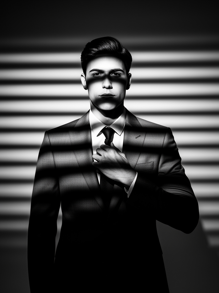 یک پرتره سیاه و سفید سینمایی از من در حال تنظیم کراواتم در حالی که یک کت و شلوار کلاسیک و خوش‌دوخت پوشیده‌ام، خلق کنید. من دائماً در استودیو با نورهای جانبی قوی که کنتراست بالایی ایجاد می‌کنند، ایستاده‌ام. رگه‌های افقی نور (مانند نوری که از میان پرده‌ها می‌گذرد) سایه‌هایی روی صورت و کت و شلوارم ایجاد می‌کنند. این حالت چهره آرام و مطمئن، حاکی از ظرافت و عزم راسخ است. سبک عکاسی مد سطح بالا، ترکیب‌بندی بسیار دقیق، مینیمال و متقارن با عکس خودم2