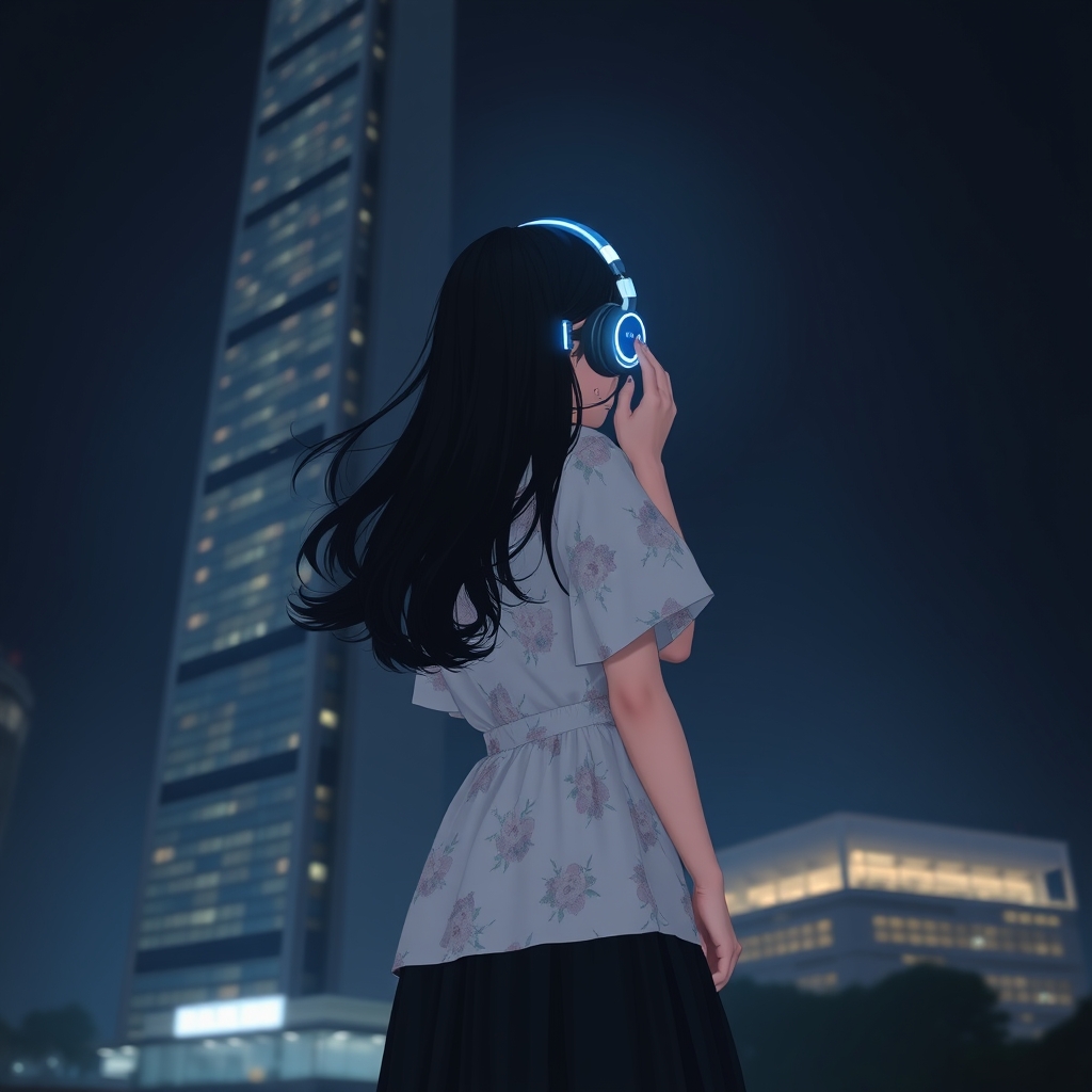 عکس یک دختر از پشت سر که باد موهای مشکی اش را تکان میدهد و با لباسی لش سفید و شلوار بگ مشکی و در گوش دختر هدفونی است که چراغ های ابی ان روشن شده اند بالای ساختمانی بسیار بلند که رو به روی ان هم پر از 🌃🌃🌃🌃🌃ولی انجا تاریک تاریک است و فقط نور ساختمان ها و چراغ هدفون دختر معلوم است با ارایشی زیبا که نظیر ان پیدا نیست و دختری کره ای 1