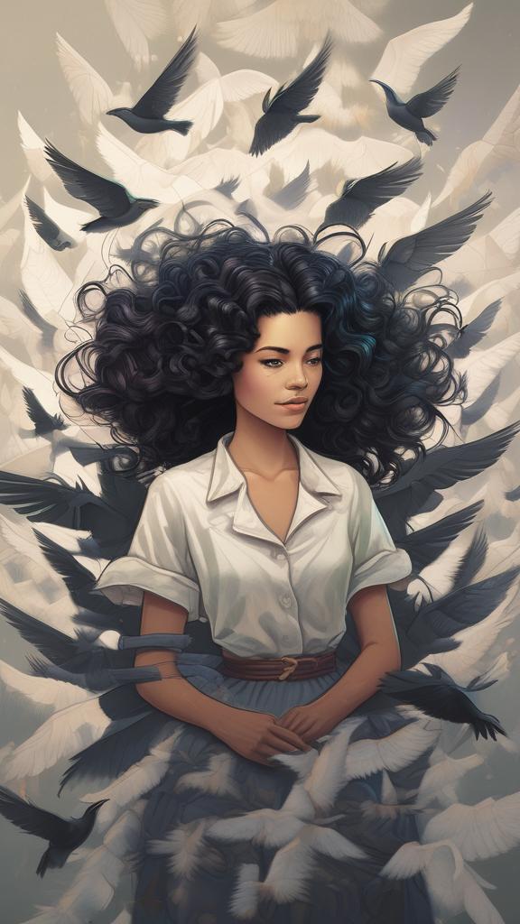 دختری مو فرفری سیاه که پرنده های کاغذی دورش دارن پرواز میکنن و طوفان بلند کردن11