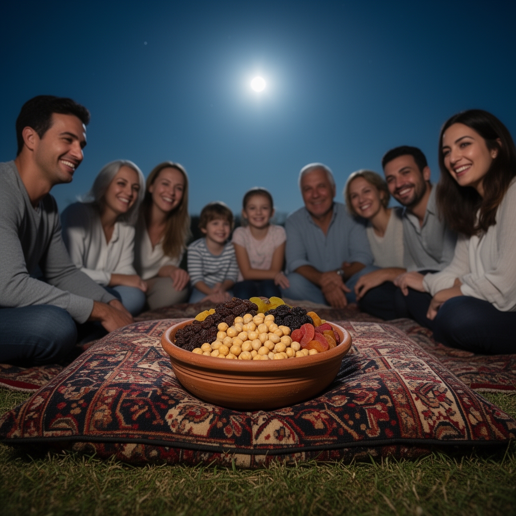 خانواده شاد در زیر نور ماه دور کرسی درحالی که نخود کشمش و سیب خشک درون کاسه قدیمی رو کرسی قرار دارد2
