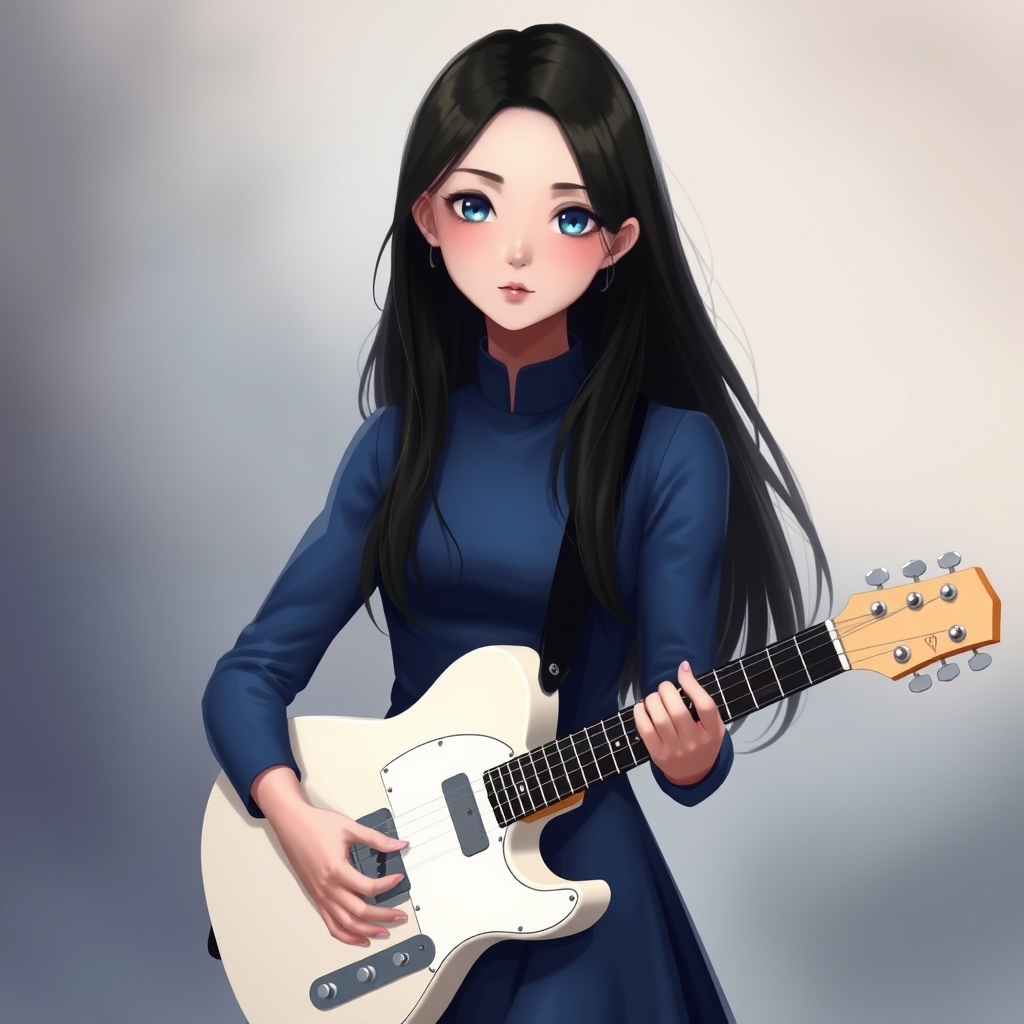 یک دختر با موهای سیاه بلند با لباس ودامن آبی به همراه یک گیتار سفید باچشم های آبی 💙💙21