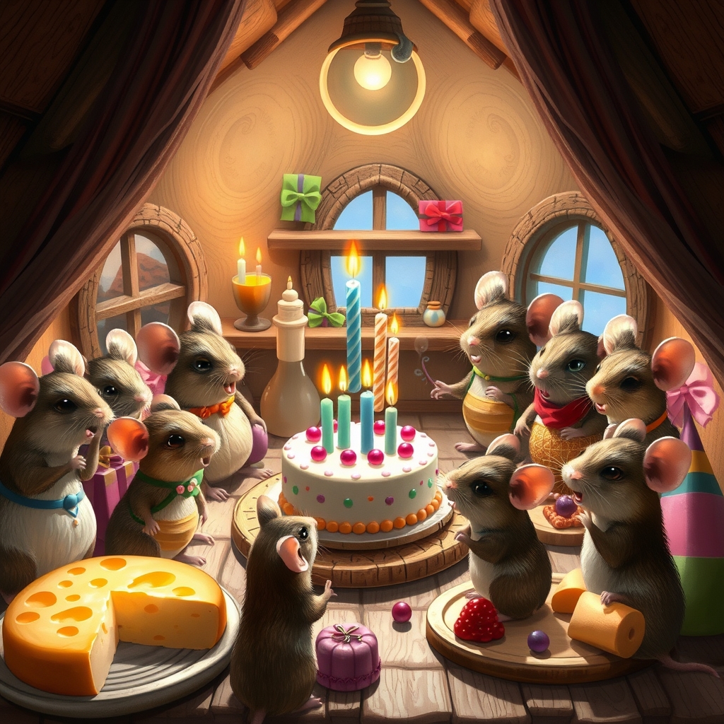 خانه ی موش ها که مهمانی گرفته اند و تولد یک موش کوچولو است و همه خییلی خوشحال اند و کیک تولد و کادو های رنگارنگ و دسر های خوشمزه و پنیر داغ و پخته شده 11