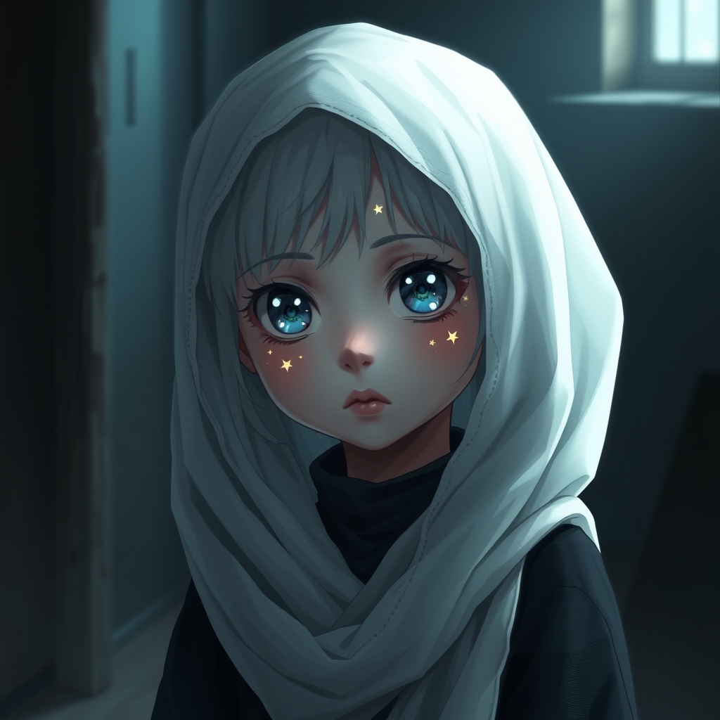 دختری زیبا که چشمانی اشکی پر ازستاره درخشان با مو های سفید و با لباس های سیاه6