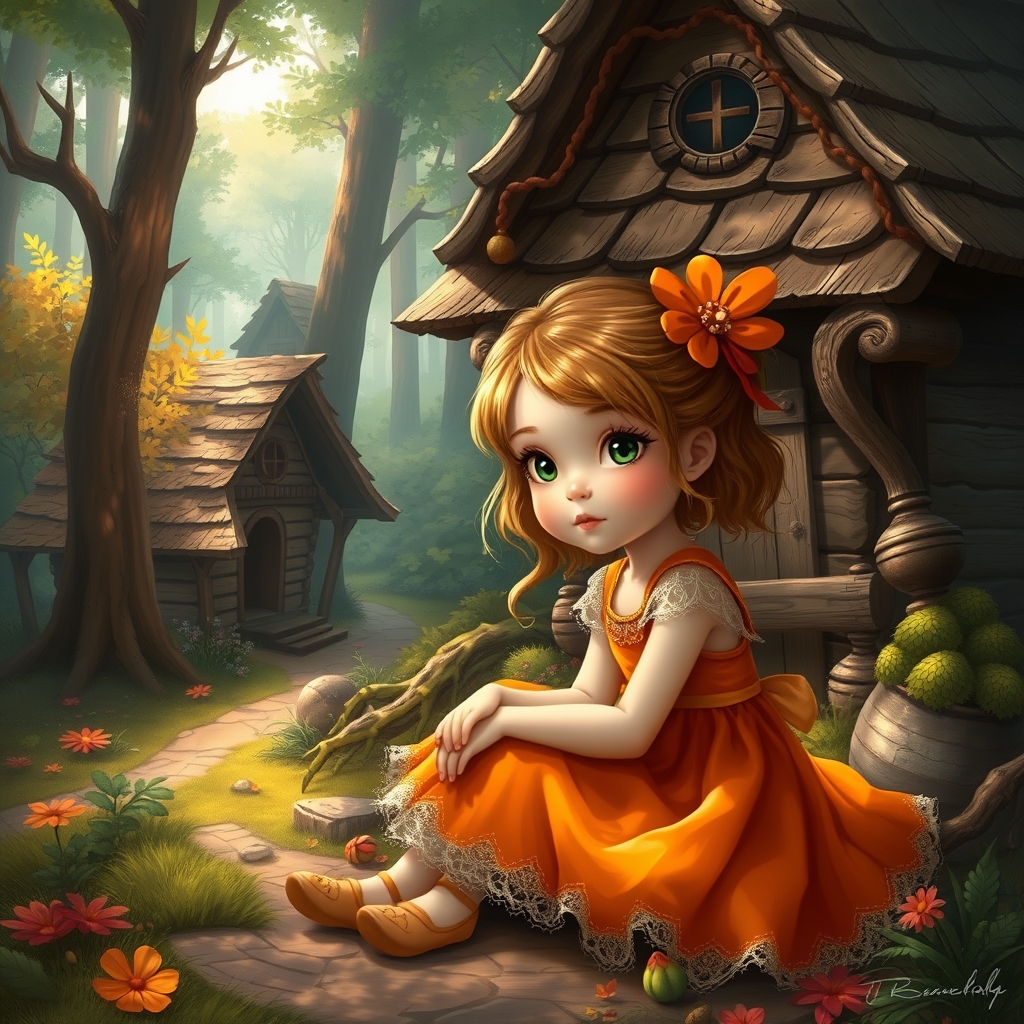 دختری زیبا وکوچک در جنگل است و کنار کلبه ای چوبی نشسته و پیراهن نارنجی رنگ به تن دارد 11