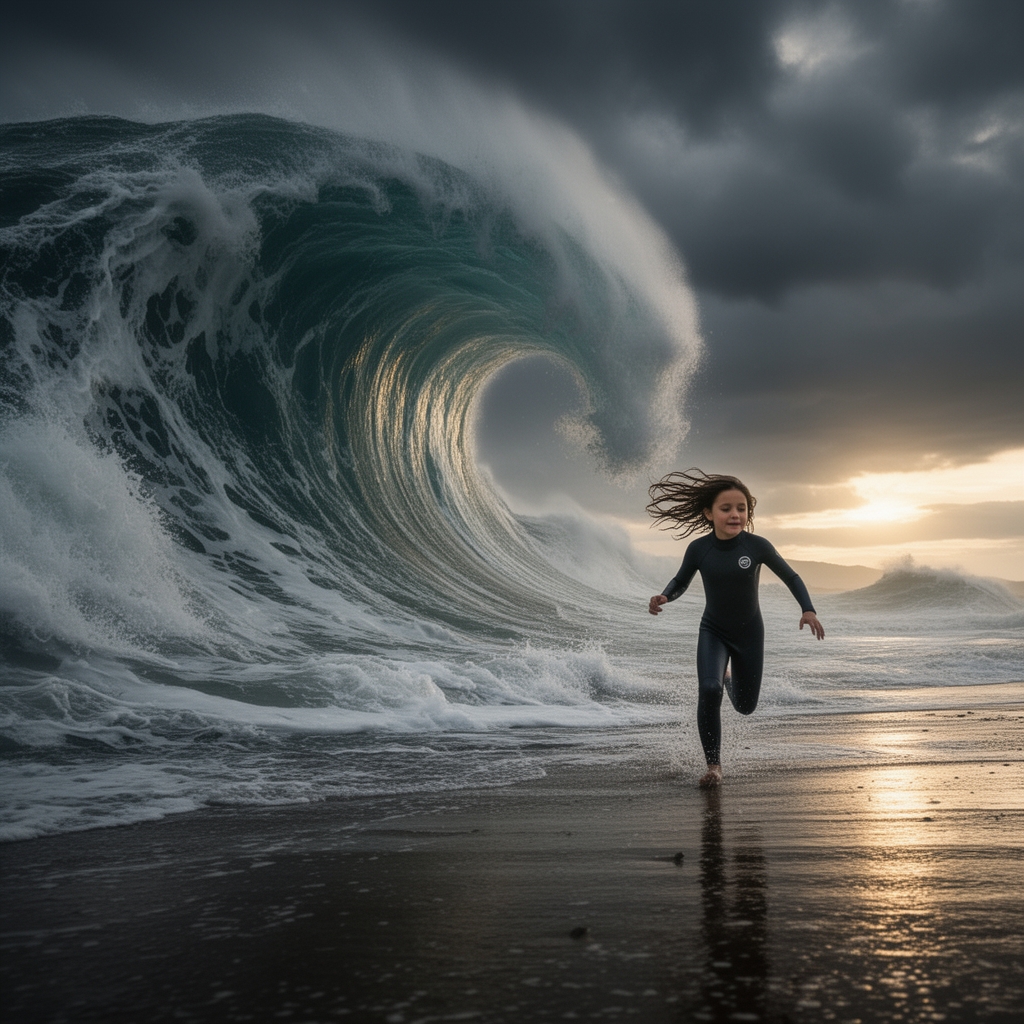 عکس  سونامی دریا  که  یک  دختر  داره زیر سونامی دریا  فرار میکنه0