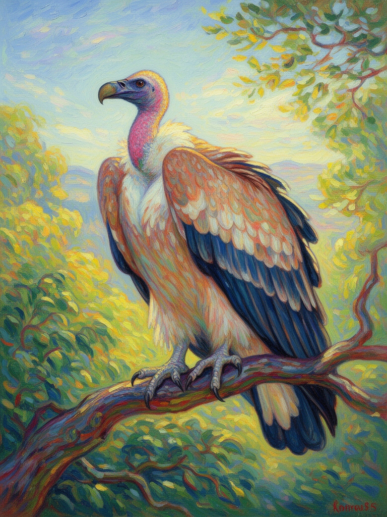 یک  کرکس و با رنگ های کمیاب که  در طبیعت زیبا بر شاخه ای نشته اس به سبک پست امپرسیونیسم 3