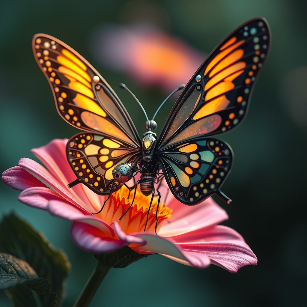 یک پروانه مکانیکی با بال‌های فلزی، نشسته روی یک گل درخشان.5