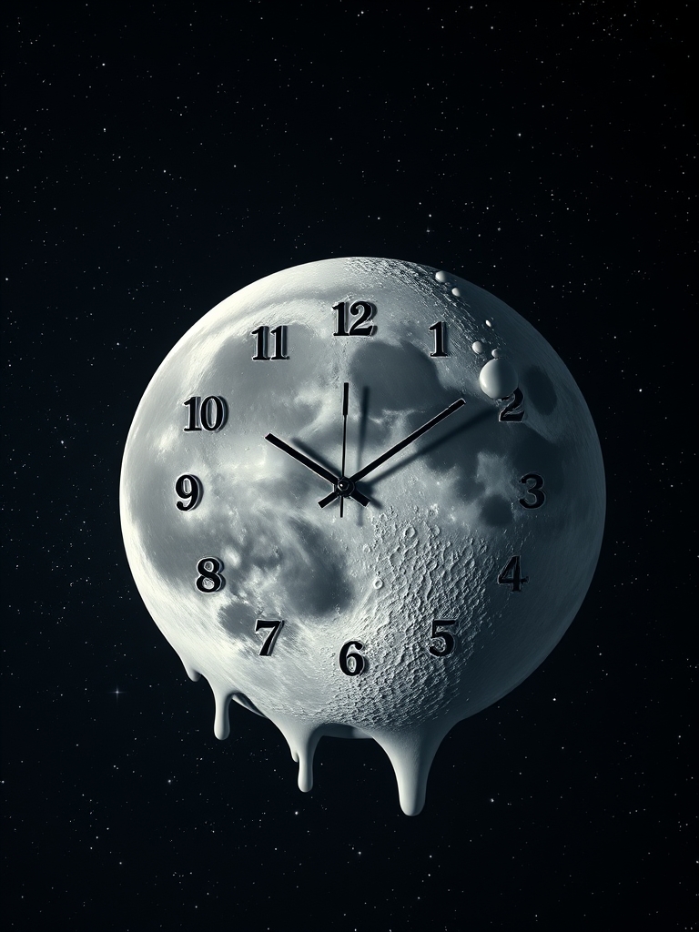 یک ساعت سورئال به شکل ماه ذوب‌شده، شناور در آسمان پرستاره.23