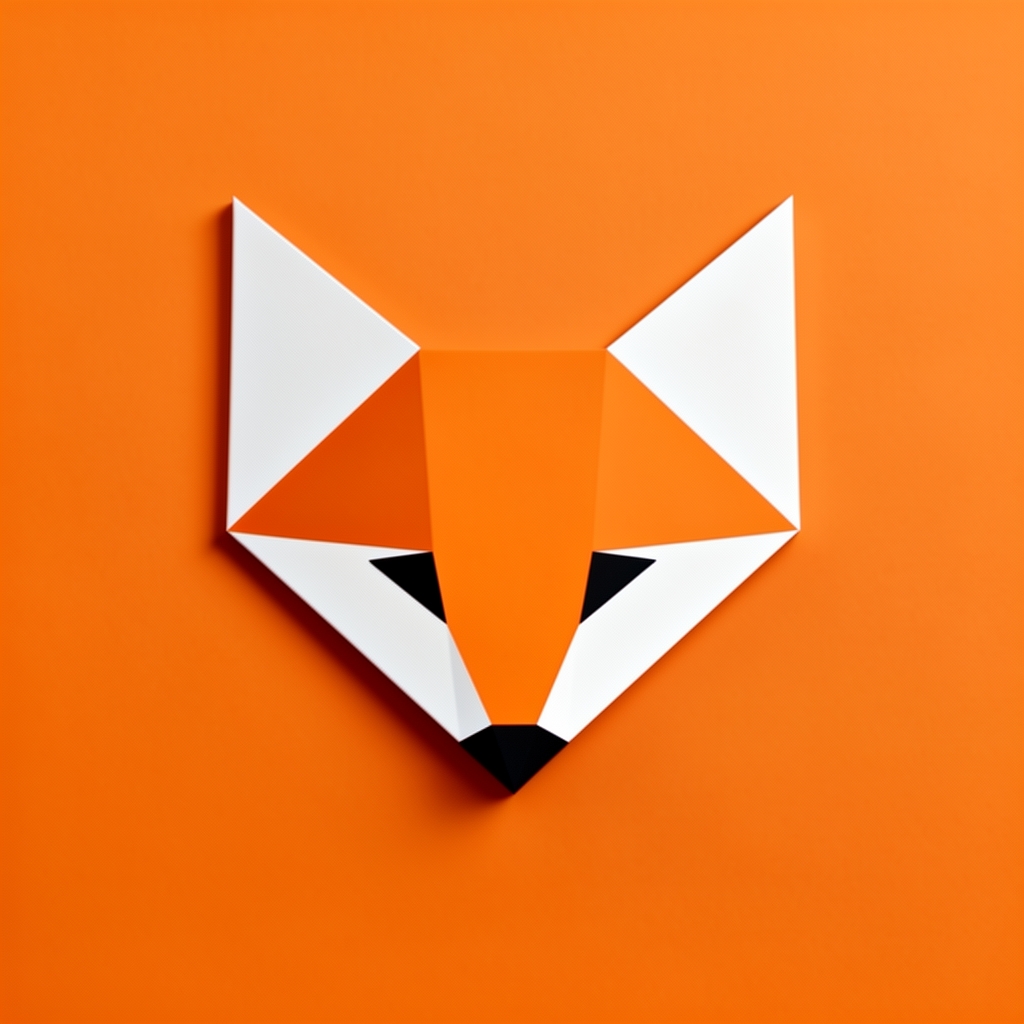 طراحی لوگوی وکتور مینیمال به شکل سر روباه که با اشکال هندسی و مثلثی ساخته شده، رنگ‌های نارنجی و سفید، پس‌زمینه تک‌رنگ.1