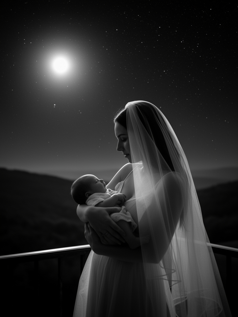 مادری که نوزاد خود را در بغل دارد کل تصویر سیاه و سفید باشد زیر آسمان شب که ماه و ستاره ها بدرخشند قسمتی از بدن او با یک حریر پوشیده باشد و بالای ارتفاع باشد و نیم رخ او مشخص باشد که به کودک خود نگاه می کند و تنها یک بچه دارد 0