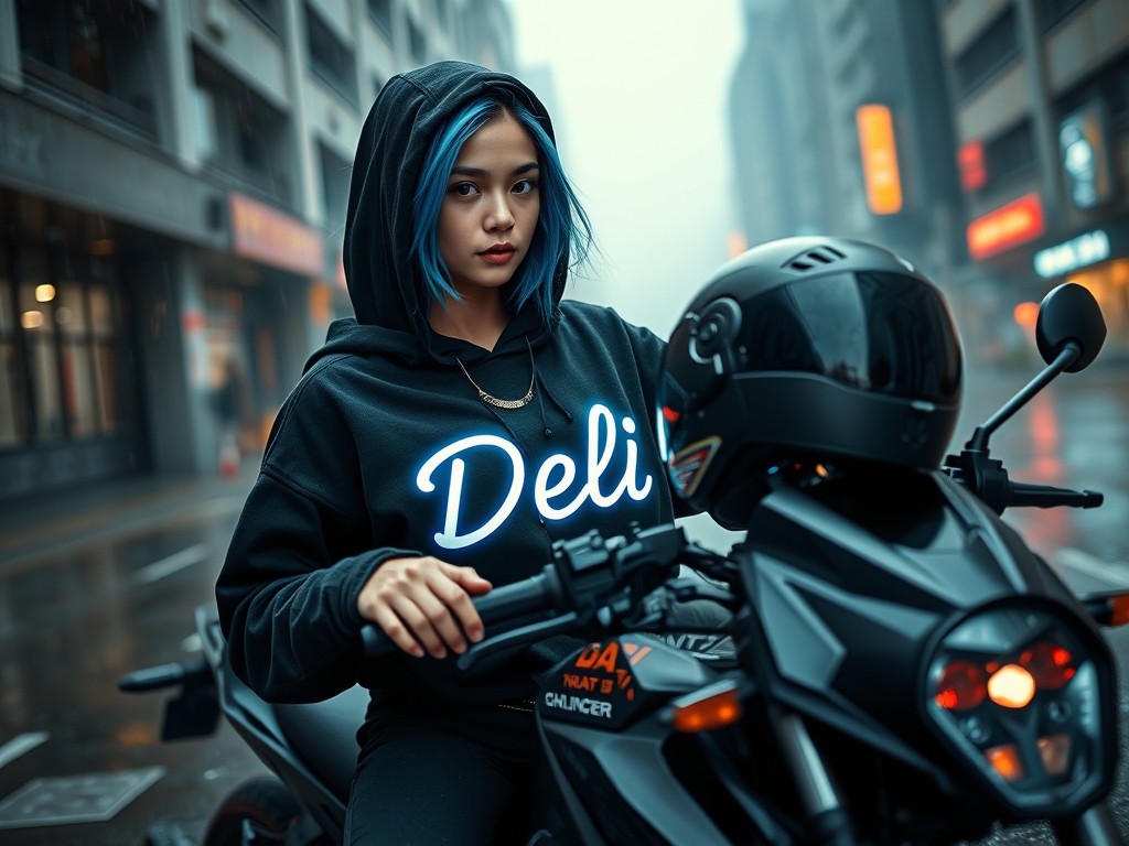 دختری روی موتور با موهای آبی و هودی
و کلاه کاسکت روی یک انگشتش است و روی لباسش نوشته دلی6