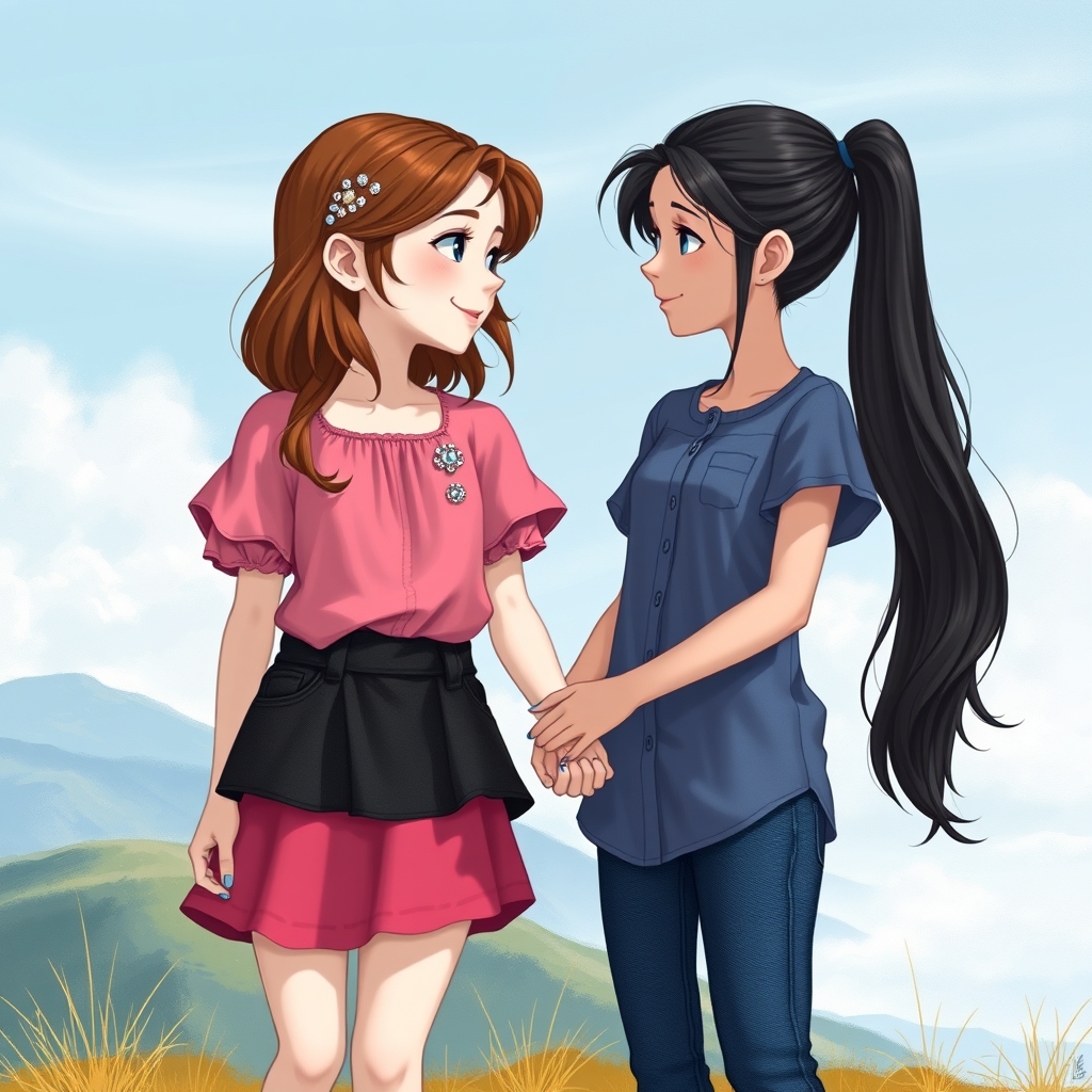 ۲دختر ۱۲ساله روی تپه ای کنار هم ایستاده اند و به یکدیگر نگاه می‌کنند و دست همدیگر را محکم گرفته اند. دختر اولی مو های قهوه ای متوسط که آنها را باز گذاشته،پوست سفید،قد بلند و قیافه ای خندان دارد. دختر دومی مو های بلند سیاهش را دم اسبی بسته،پوست سفید،قد بلند و قیافه ای مهربان با چشمان آبی کشیده دارد. دختر اولی بلوز و دامن صورتی با یک نیم کت سیاه جین پوشیده و چندین گل سر جواهر نشان به مو هایش زده. دختر دومی بلوز و شلوار آبی جین پوشیده و ناخن هایش را لاک آبی زده
به سبک نقاشی1