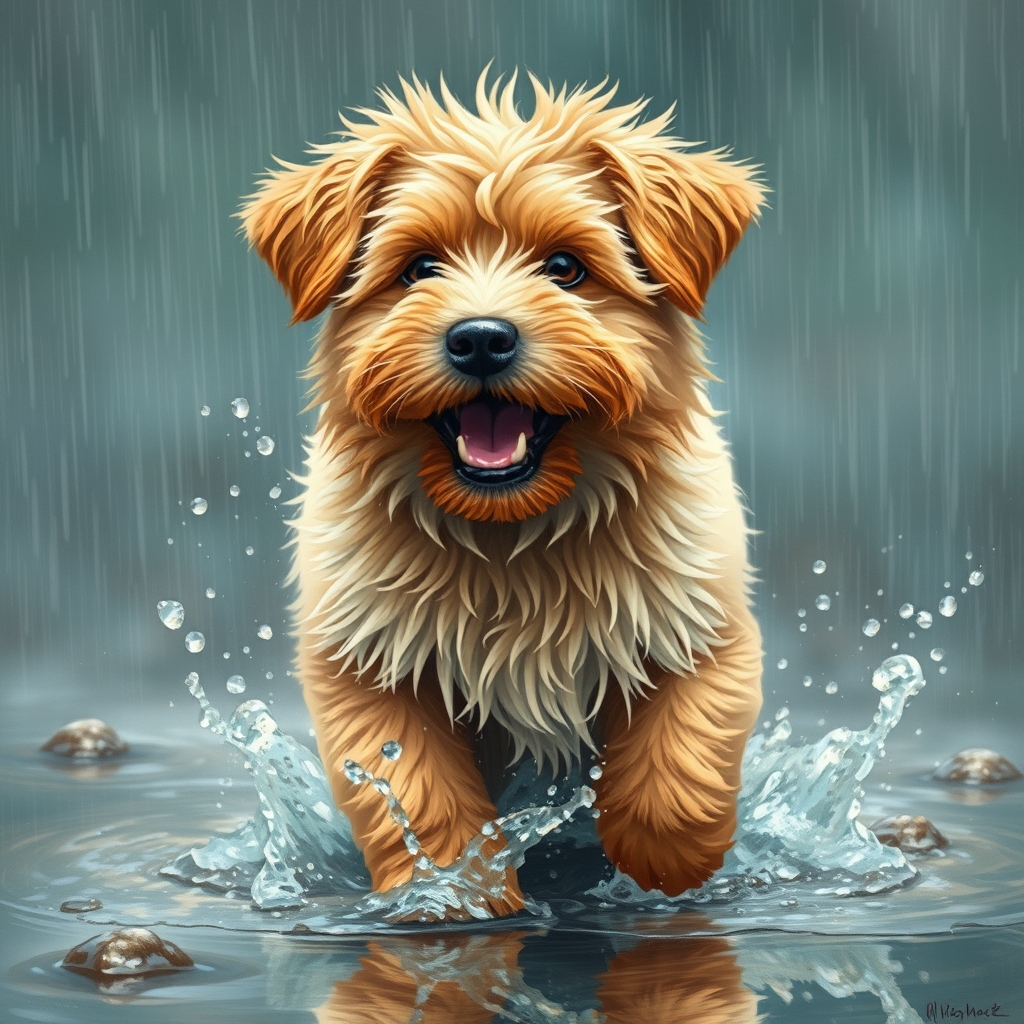 یک سگ بسیار خوشگل و با اندام متوسط و قهوه ای و کمی پشمالو و نرم که در زیر بارن خیس شده است که خیلی خوشحال است و در چاله هایی که با باران ایجاد شده است درحال بازی و آب تنی است به سبک ونکوگ 21