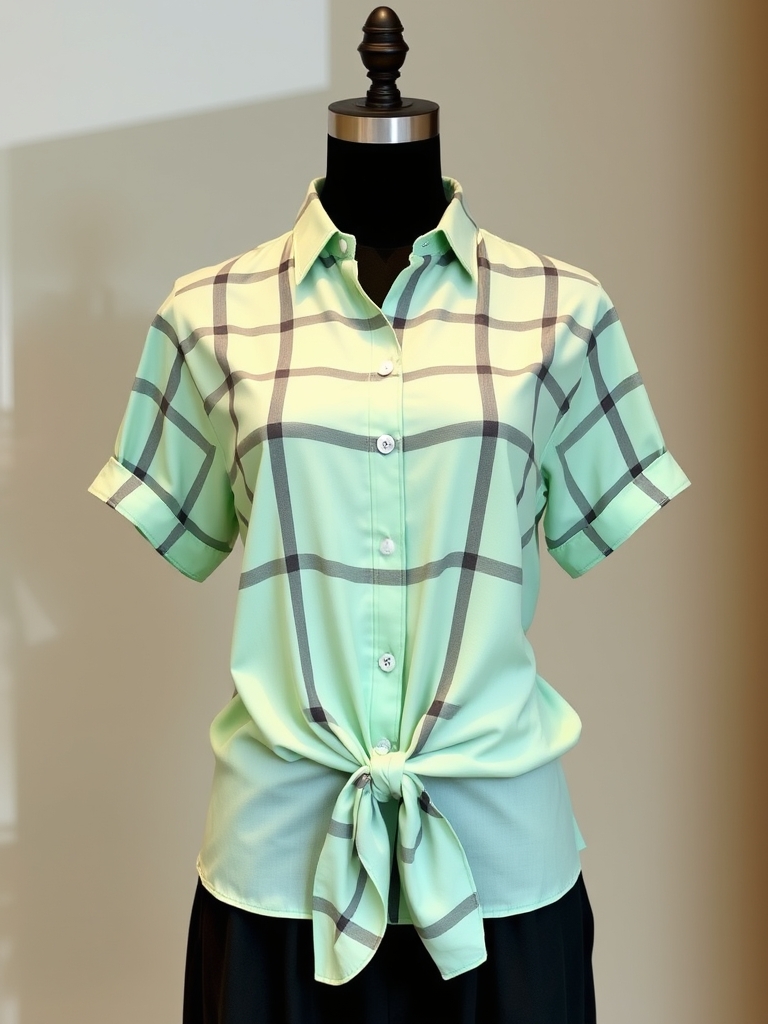 یه لباس زیبا تن مانکن: پیراهن دکمه‌دار زنانه سبز کمرنگ با خط‌های مشکی چهارخانه و دکمه‌های سفید پایین آن گره خورده است این پیراهن کوتاه است. یک شلوار بلند مشکی پارچه‌ای شل گشاد با یک کمربند مشکی چپ با سگک سفید13