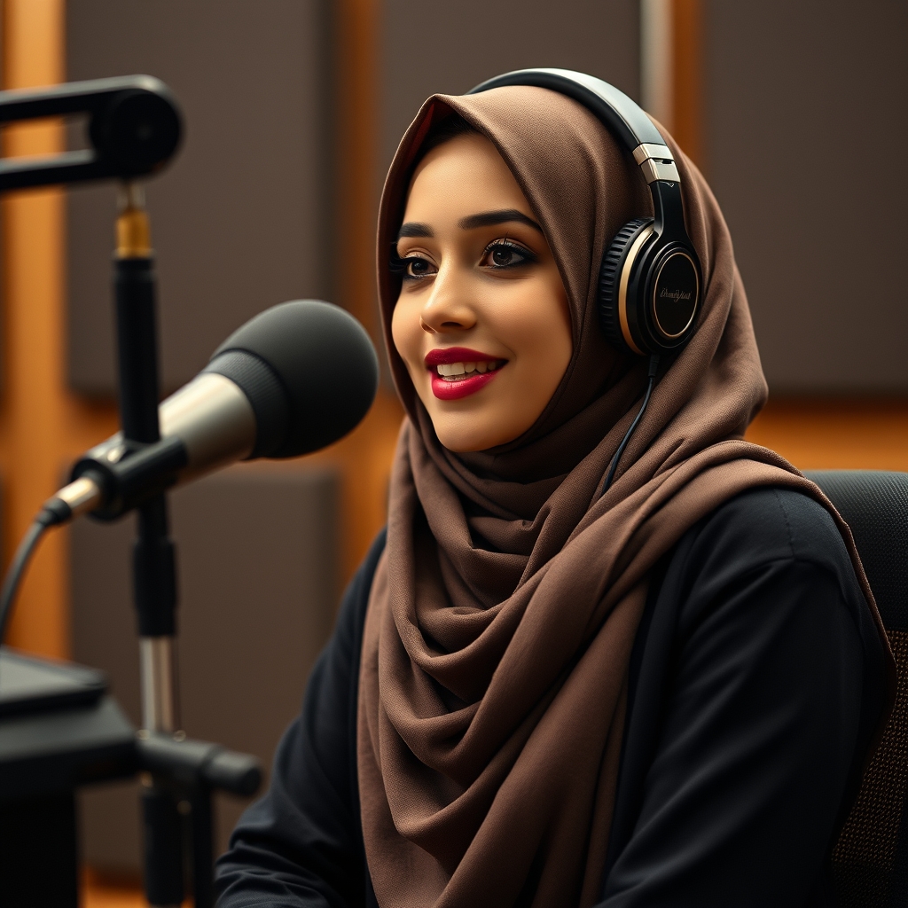 یک دختری قشنگ  با حجاب در اتاق دوبله همراه به هدفون روی گوشای خود گذاشته و درحال  حرف زدن با میکروفون است 0