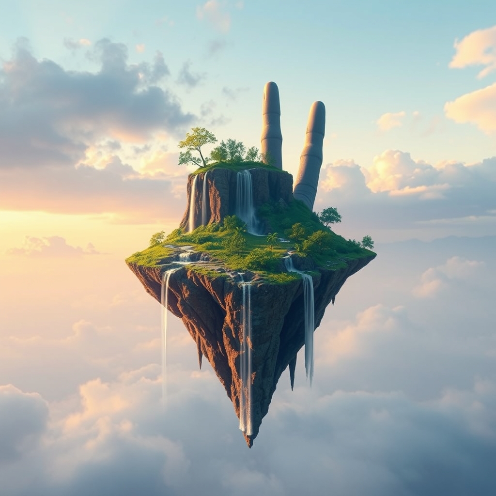 یک جزیره شناور سورئال به شکل دست، با آبشارهایی که از انگشتان جاری میشوند.12