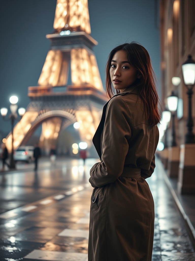 دختری که پشتش به ما هست و فیگور گرفته در شب بارانی در کنار برج ایفل1