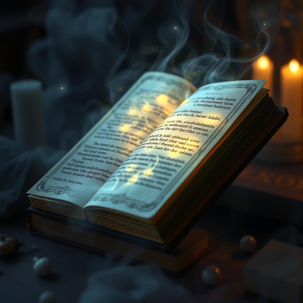 یک کتاب فانتزی با صفحاتی از جنس نور، که هنگام شناور شدن در هوا می‌درخشد.12